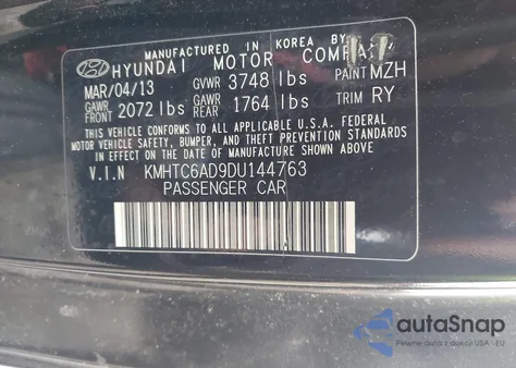 2013 Hyundai Veloster Base W/Black from USA, damaged, VIN KMHTC6AD9DU144763